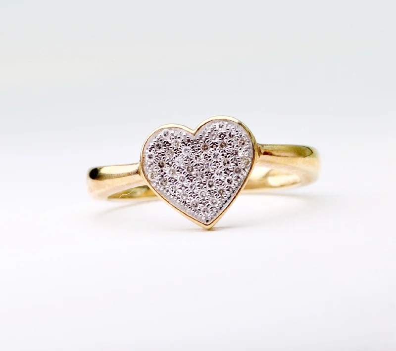 High shine rings-10K yellow gold ring with heart-shaped pave diamonds on top