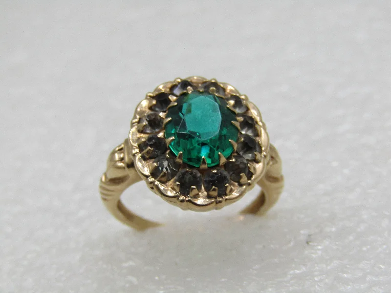 Solid gem rings-Vintage 10KT Green & Old Mine Cut Clear Stone Ring, Sz. 7, Signed MM