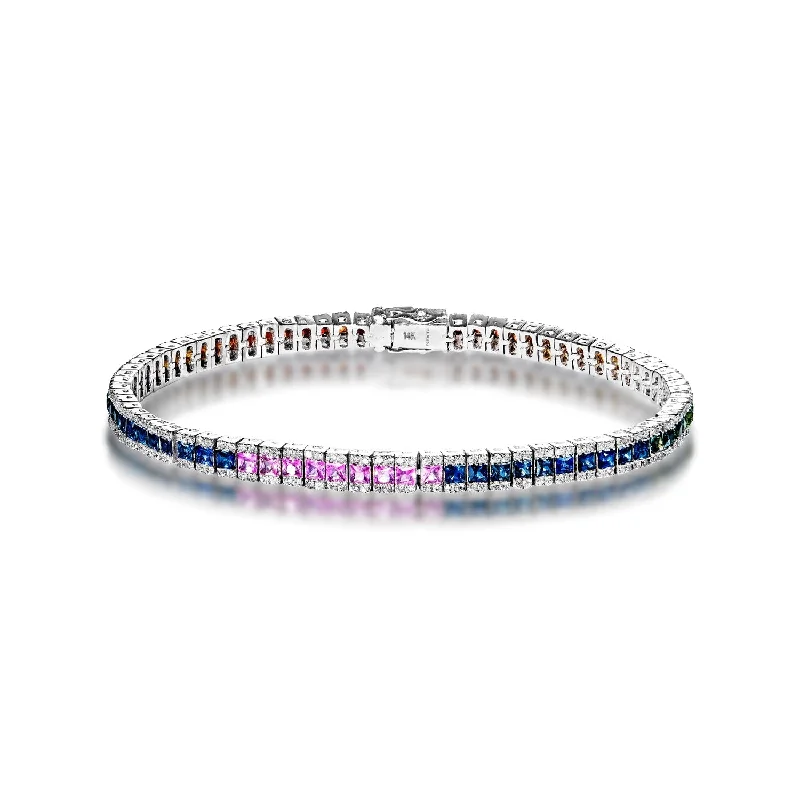 Silk tassel bangles-Andi 7 Carat Princess Cut Single Row Diamond & Multicolor Sapphire Tennis Bracelet in 14k White Gold