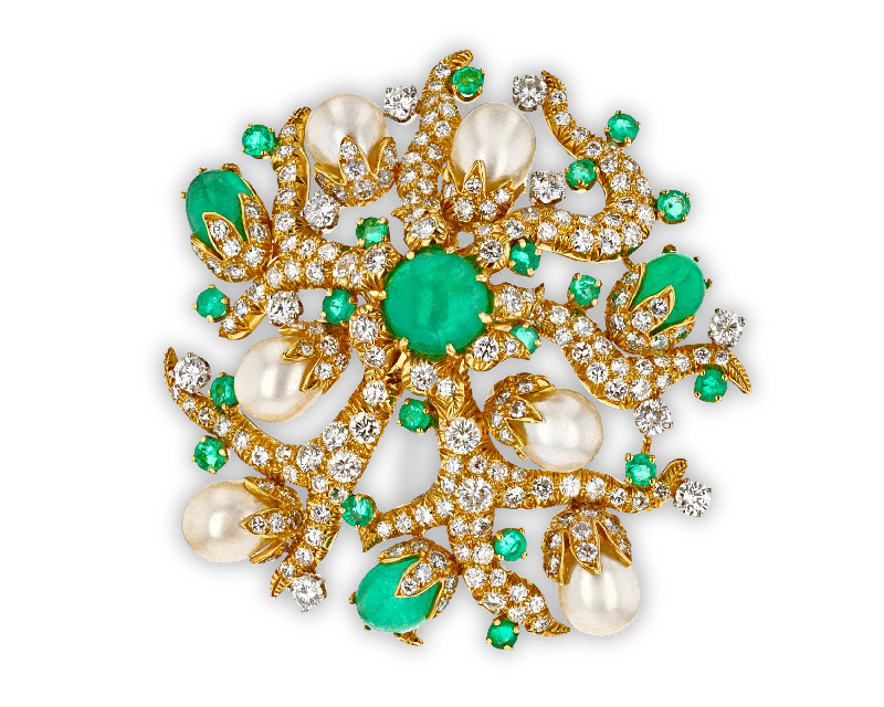 Bold druzy brooch-David Webb Emerald, Diamond and Pearl Brooch