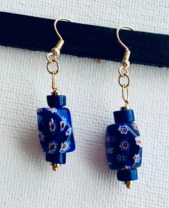 Fine threader earrings-Myrna Handmade Lapis Lazuli, Millefiori Bead, and Gold Plated Hematite Earrings