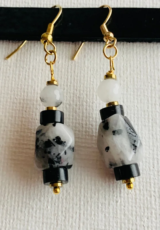 Crystal braid earrings-Marisa Handmade Tourmalinated Quartz, Rutilated Quartz, Black Onyx, and Gold Plated Hematite Earrings