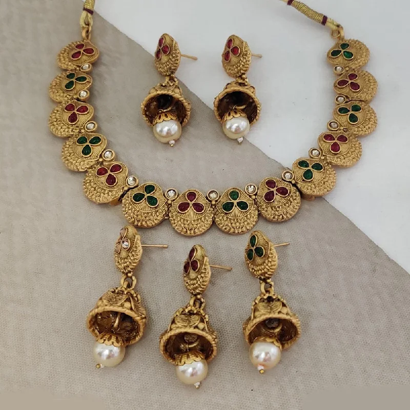 Oval charm necklaces-Rani Sati Jewels Gold Plated Pota Stone Necklace Set