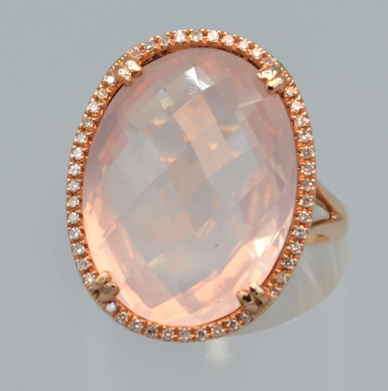 Sleek band rings-14K rose gold ring with transparent rose quartz framed with diamonds