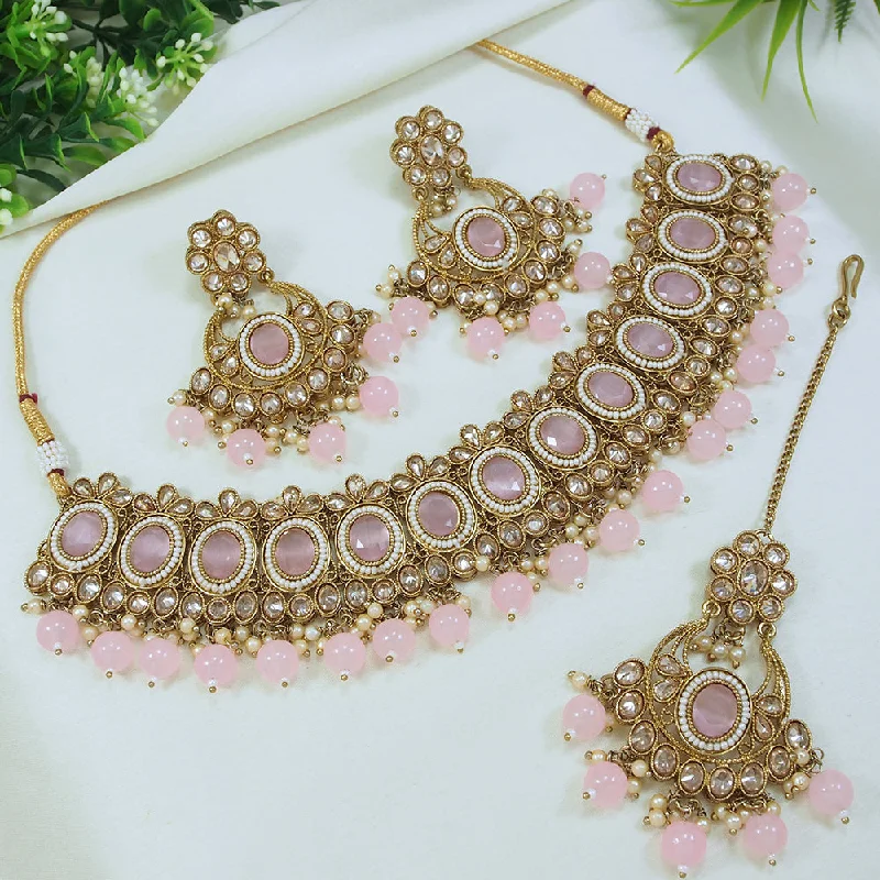 Coiled thread necklaces-LALSO Designer Mehendi Gold plated AD/Zircon Work Necklace Jewelry Set With Maangtika