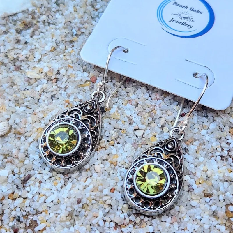 Leaf charm earrings-VINTAGE PERIDOT DROPS -  PURE SILVER HILLTRIBE HOOK EARRINGS