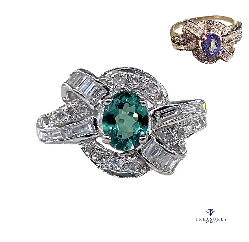 Petite flower rings-Rare Gem Mid-Century GIA 2.03ctw Natural ALEXANDRITE Diamond Vintage Platinum Ring 1950s