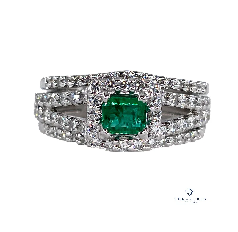 Solid band rings-Estate 1.70ct Natural Green Emerald and Diamond Engagement Anniversary Triple Band Gold Ring by Heizberg