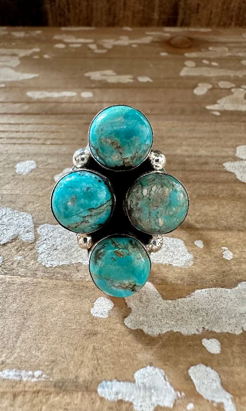 Bold druzy rings-QUADRUPLET TURQUOISE CLUSTER Silver Ring • Size 8 1/4