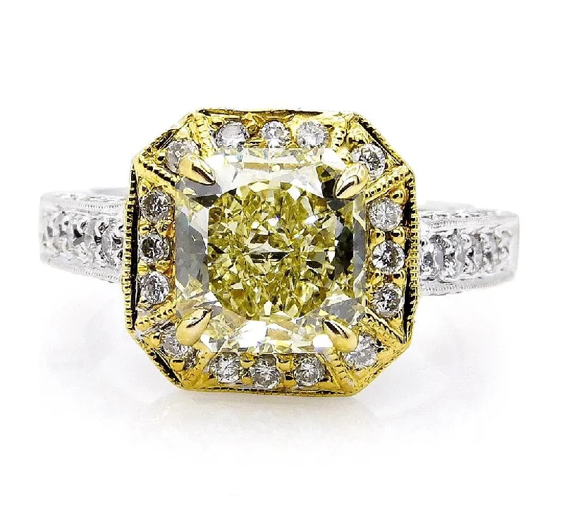 Spinel cut rings-GIA 2.74ctw Estate Vintage Natural Fancy Yellow Radiant Diamond Engagement Wedding Ring