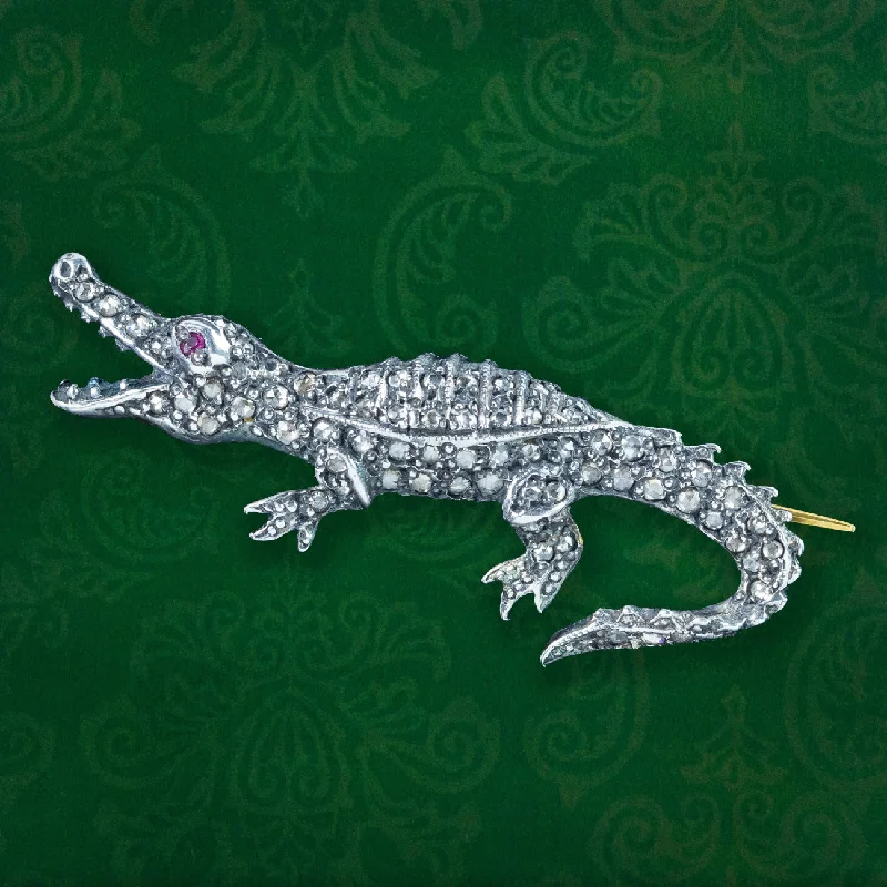 Solid gold brooch-Victorian Style Diamond Crocodile Brooch With Ruby Eye