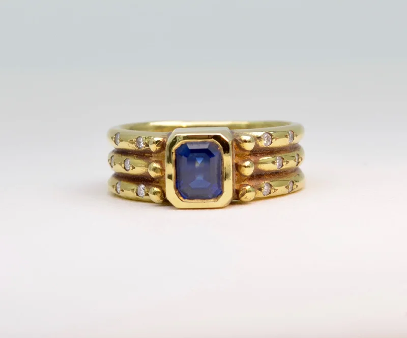 Wide band rings-Sapphire Ring in 18K Gold with Pave Diamonds