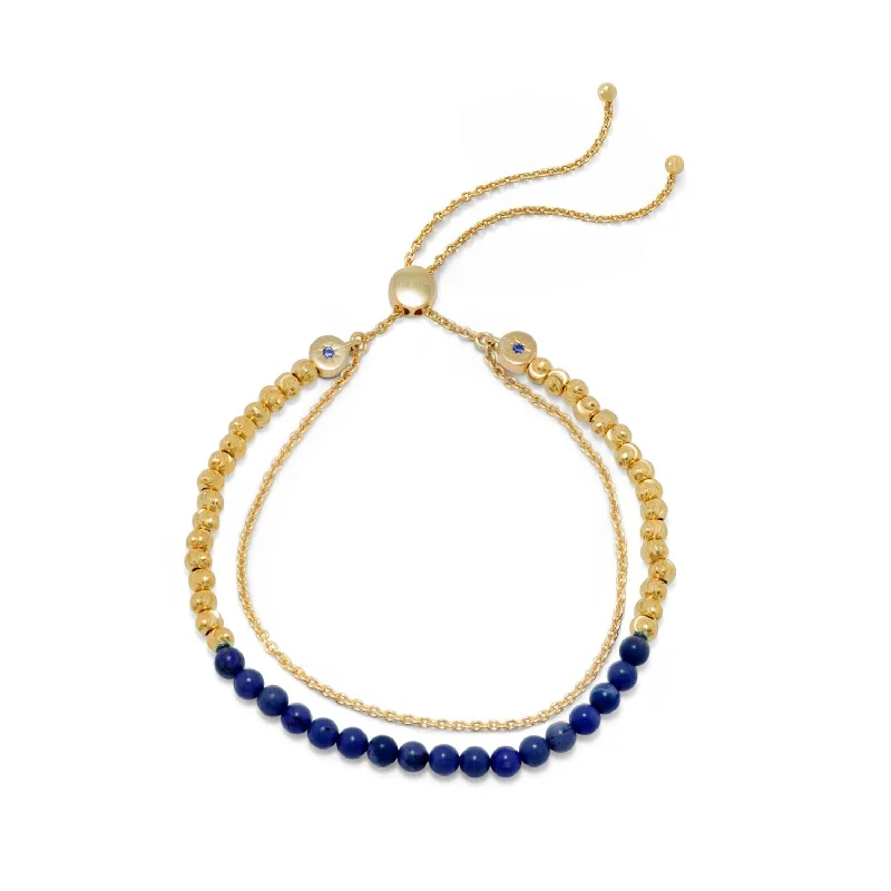 Silk wrap bangles-18k Gold Plated Sterling Silver Double Strand Lapis Bead Bracelet Bolo Bracelet