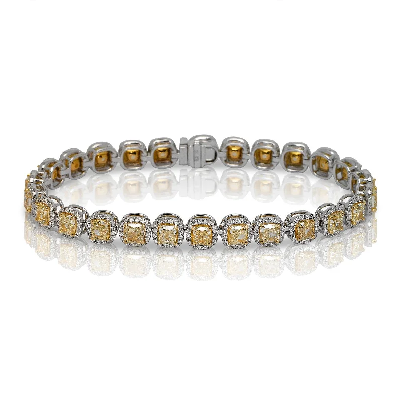 Hand-polished bangles-Emmalyn 14 Carat Cushion Cut Single Row Fancy Yellow Diamonds Tennis Bracelet in 18k White Gold