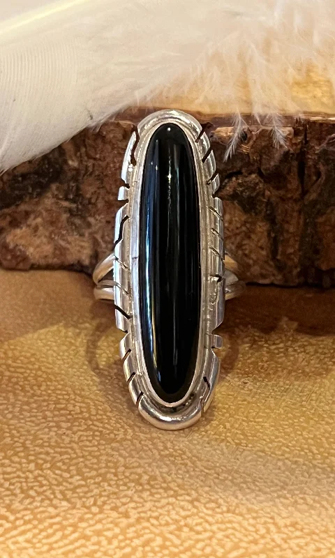 Polished stone rings-LIKE MIDNIGHT Navajo Silver and Onyx Ring, Multiple Size Available