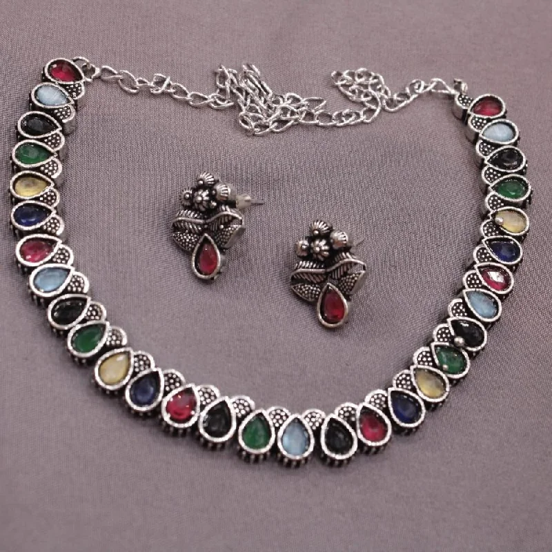 Oval shape necklaces-Akruti Collection Oxidised Plated Pota Stone Necklace Set