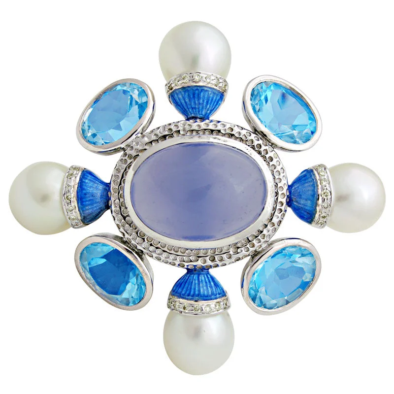 Stone cluster brooch-Brooch-Chalcedony, Blue Topaz, South Sea Pearl and Diamond (Enamel)