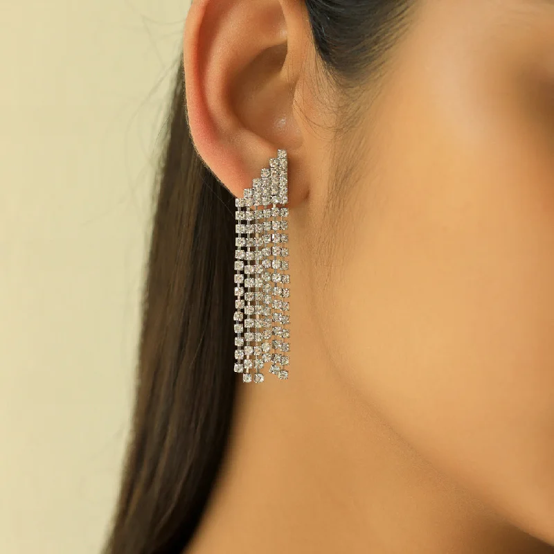 High gloss earrings-Contemporary White Diamante Crystal Studded Silver -Toned Triangular Tassel Drop Earrings