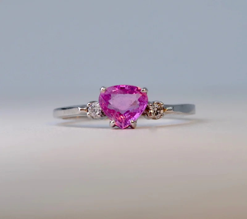 Fine dot rings-14K White Gold ring with one center Pink Sapphire and 2 side Diamonds