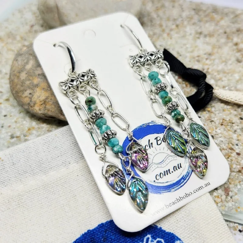 Sapphire gem earrings-THREE LEAVES - CECH GLASS LEAVE SILVER HOOK EARRINGS