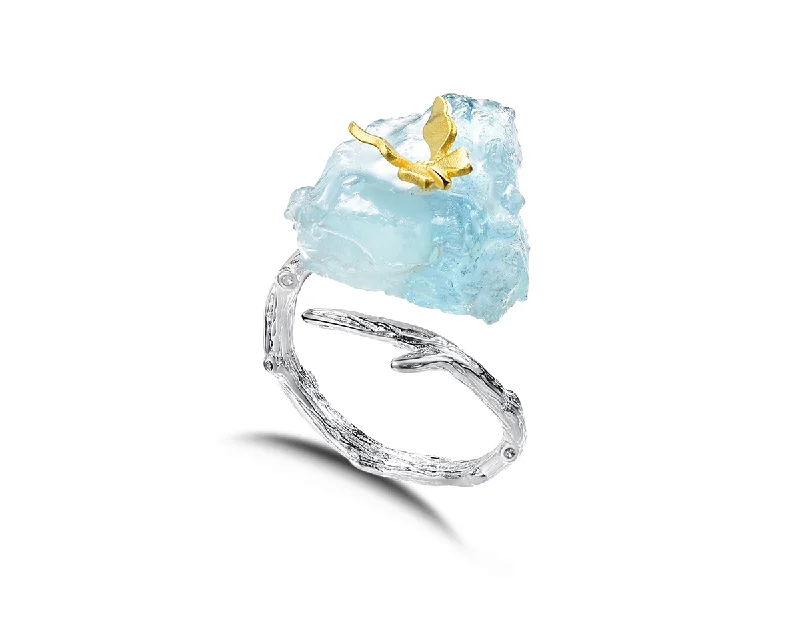 Moon motif rings-Aquamarine Butterfly Ring