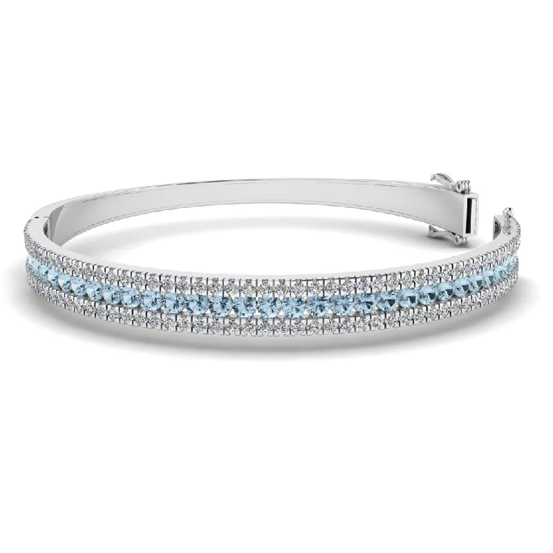 Dainty silver bangles-Round Brilliant 4.05 Carat Aquamarine and Diamond 3 Rows Bangle BAN1A