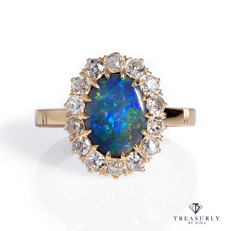 Multi-stone rings-An exquisite Antique Victorian Lightning Ridge Black Opal Diamond Cluster Cocktail Ring