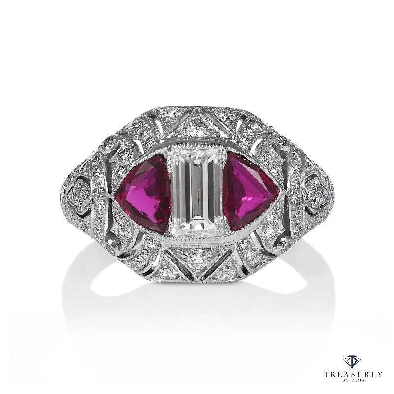 Birch grain rings-Art Deco ctw GIA I-VS1 Carre Emerald Cut Diamond and Ruby Platinum Ring