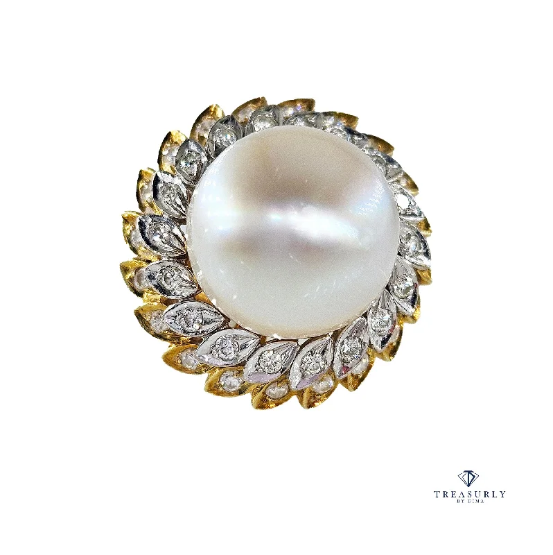 Crystal braid rings-Estate Vintage 14.40mm South Sea Pearl 0.50ct Diamond 14k White & Yellow Gold Ring