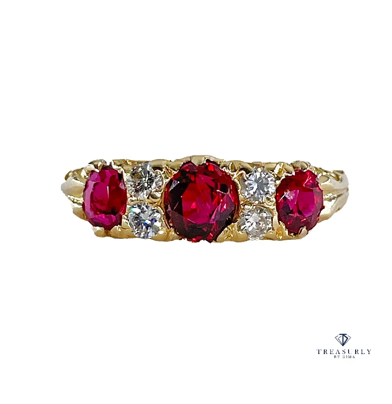 Fiber edge rings-English GIA "NO HEAT" Vintage 2.20ct Pigeon Blood Red Ruby Trilogy Diamond 18k Gold Ring