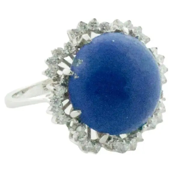 Smooth stone rings-Lapis Lazuli and Diamond Dome Ring in White Gold, circa 1960's