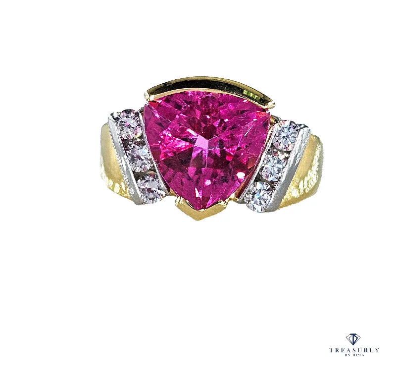 Braided motif rings-GIA 3.65ct Natural Pink Tourmaline Diamond 18k Yellow Gold Platinum Vintage Ring