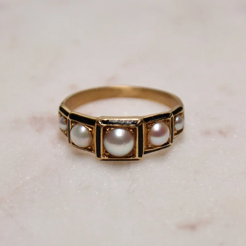 Matte finish rings-Victorian 18k Gold x Pearl & Enamel Mourning Quinet