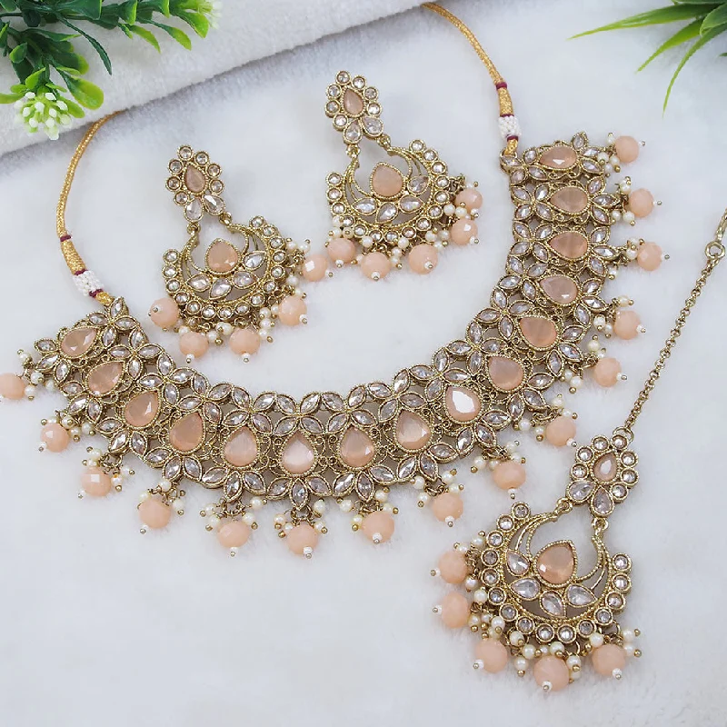 Ruby gem necklaces-LALSO Designer Mehendi Gold plated AD/Zircon Work Necklace Jewelry Set With Maangtika