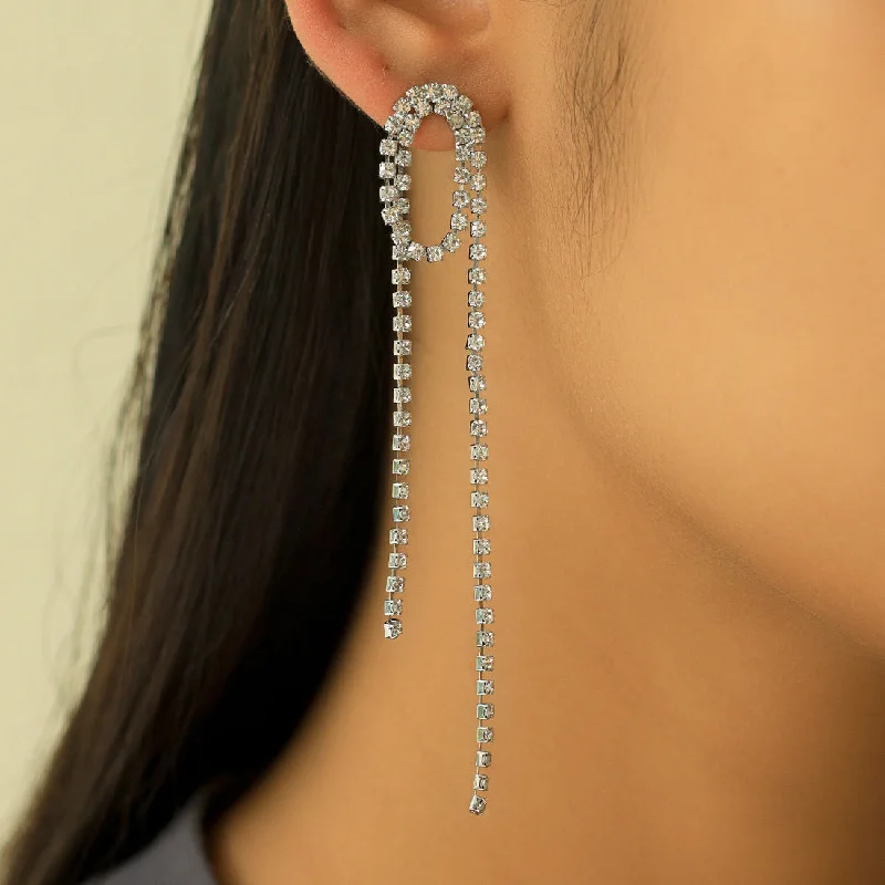 Silk tassel earrings-Contemporary White Diamante Crystal Single Line Drop Tassel Silver -Toned Earrings