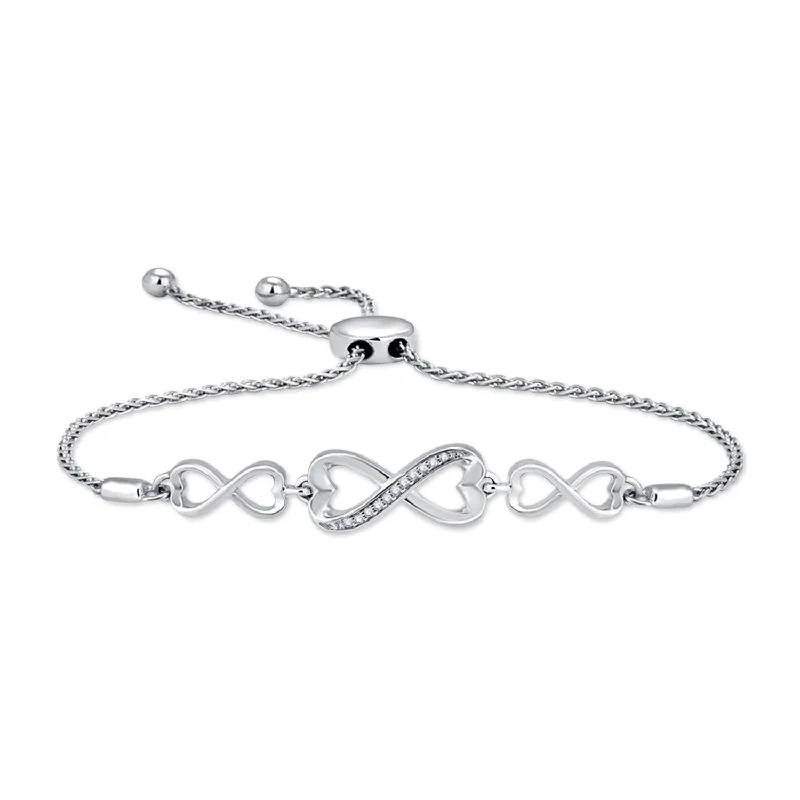 Tide shape bangles-Sterling Silver Diamond Heart Infinity Adjustable Bolo Bracelet