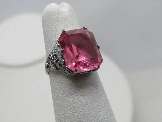 Pure modern rings-Vintage Pink Art Deco Filigree Ring, Size 4.5, Silver Plated, signed A with Arrow, 1950's-1960's