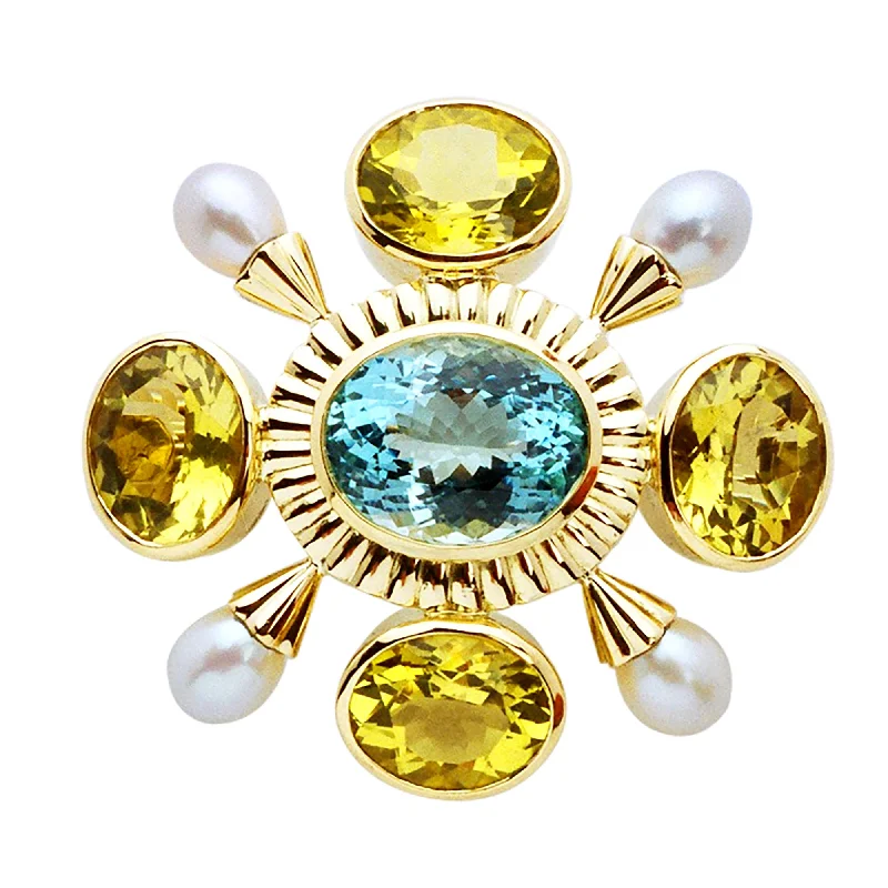 Multi-stone brooch-Brooch- Aquamarine, Pearl And Lemon Quartz