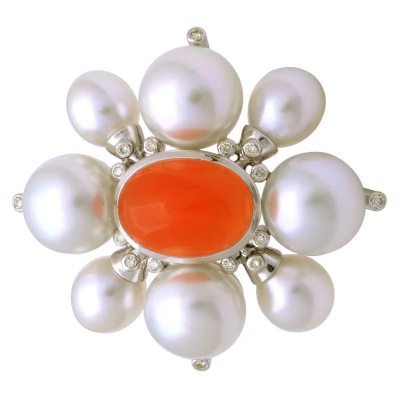 Bow motif brooch-Brooch-Cornelian, South Sea Pearl and Diamond