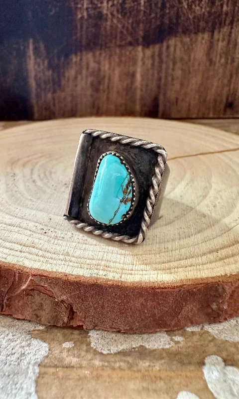 Emerald cut rings-SHADOW BOXING Vintage Silver & Blue Turquoise Shadow Box Ring • Size 9