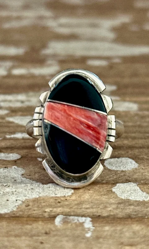 Fine dot rings-BRANDON ETCITTY Multi Stone Inlay Navajo Ring, Sterling Silver, Jet & Spiny Oyster • Size 7.5