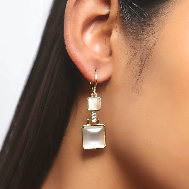 Crystal braid earrings-Square White Moonstone Rose Gold-Toned Hoop Drop Earrings