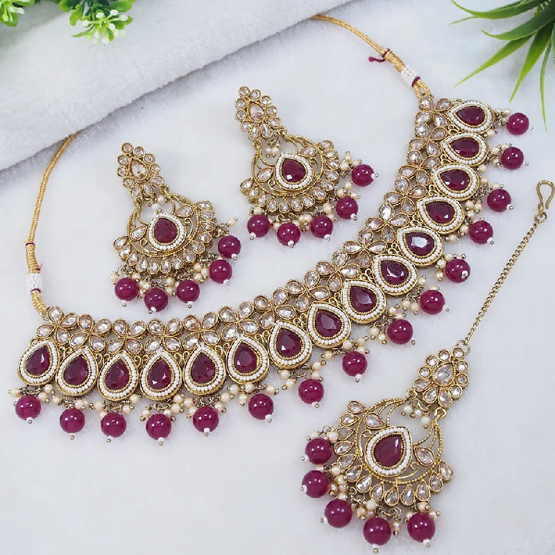 Bead weave necklaces-LALSO Designer Mehendi Gold plated AD/Zircon Work Necklace Jewelry Set With Maangtika