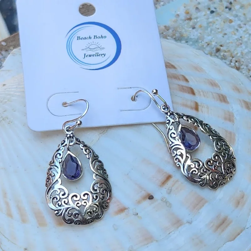 Polished charm earrings-AMETHYST FILIGREE SILVER DROPS -  925 SILVER EARRINGS