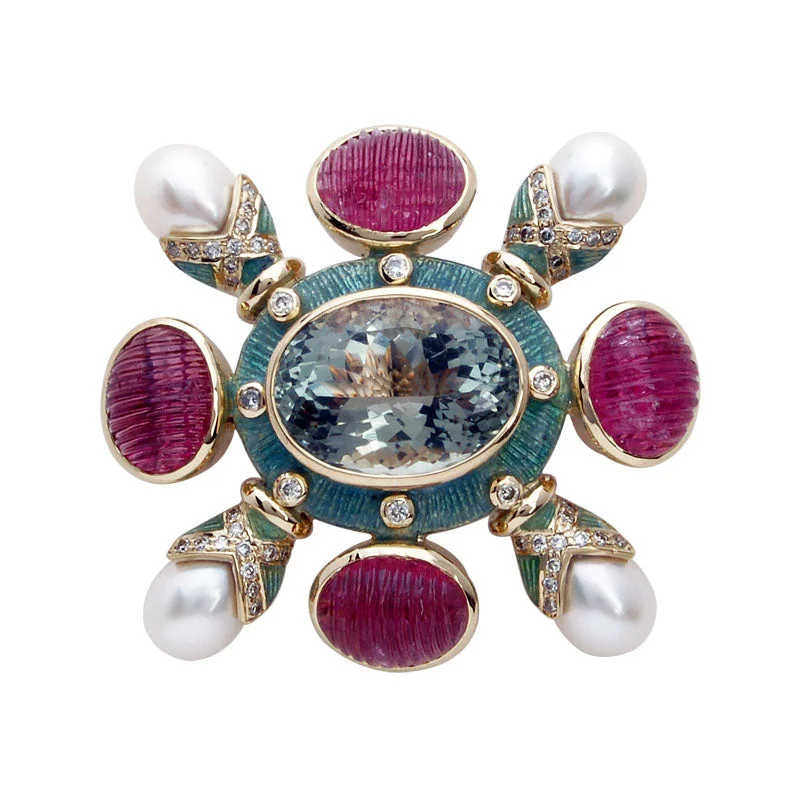 Curved pin brooch-Brooch-Green Quartz, Rubellite, Pearl and Diamond (Enamel)