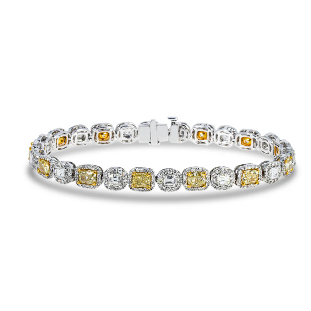 Frosted glass bangles-Estrella 12 Carat Asscher & Cushion Cut Fancy Yellow Diamond Bracelet in 14K White & Yellow Gold Two Tone