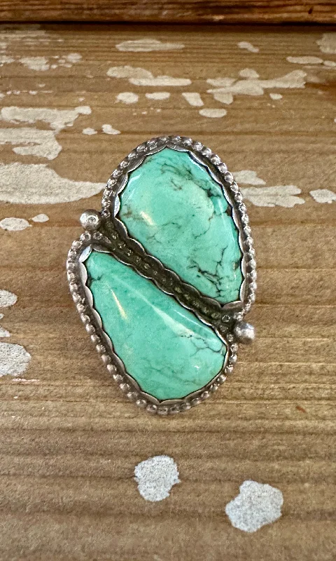 Open frame rings-SISTER STONES Vintage Handmade Large Ring Sterling Silver, Turquoise • Size 9 1/4