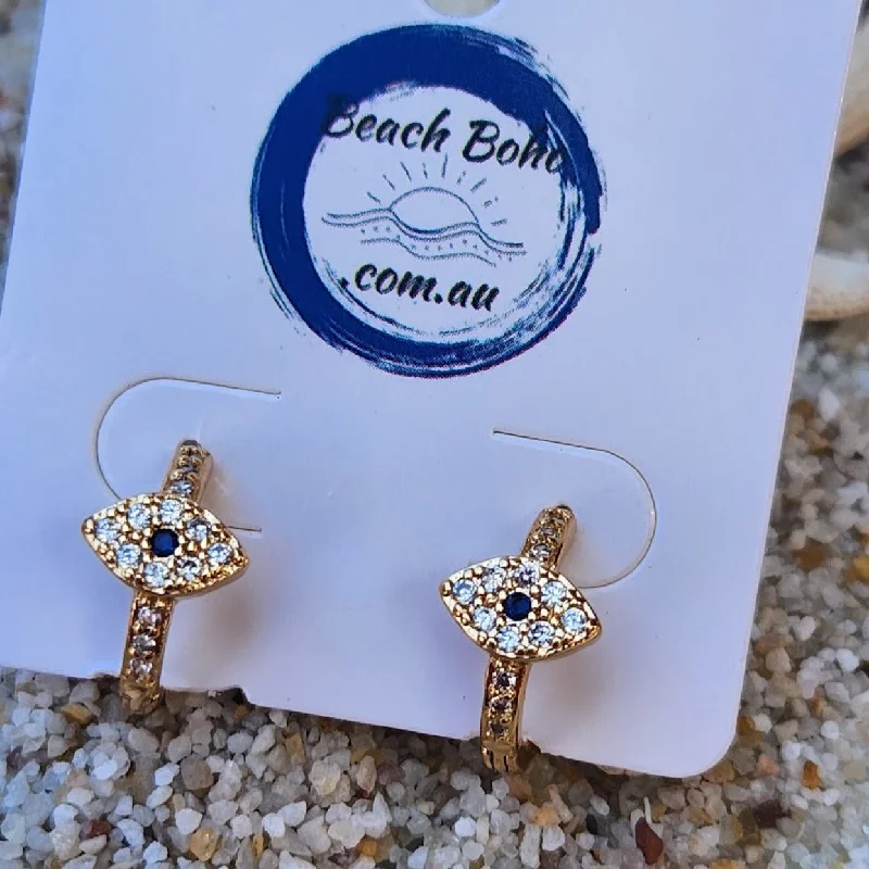 Tiny gem earrings-EVIL EYE -  CUBIC ZIRCONIA WATERPROOF 18K HUGGIE GOLD HOOP EARRINGS