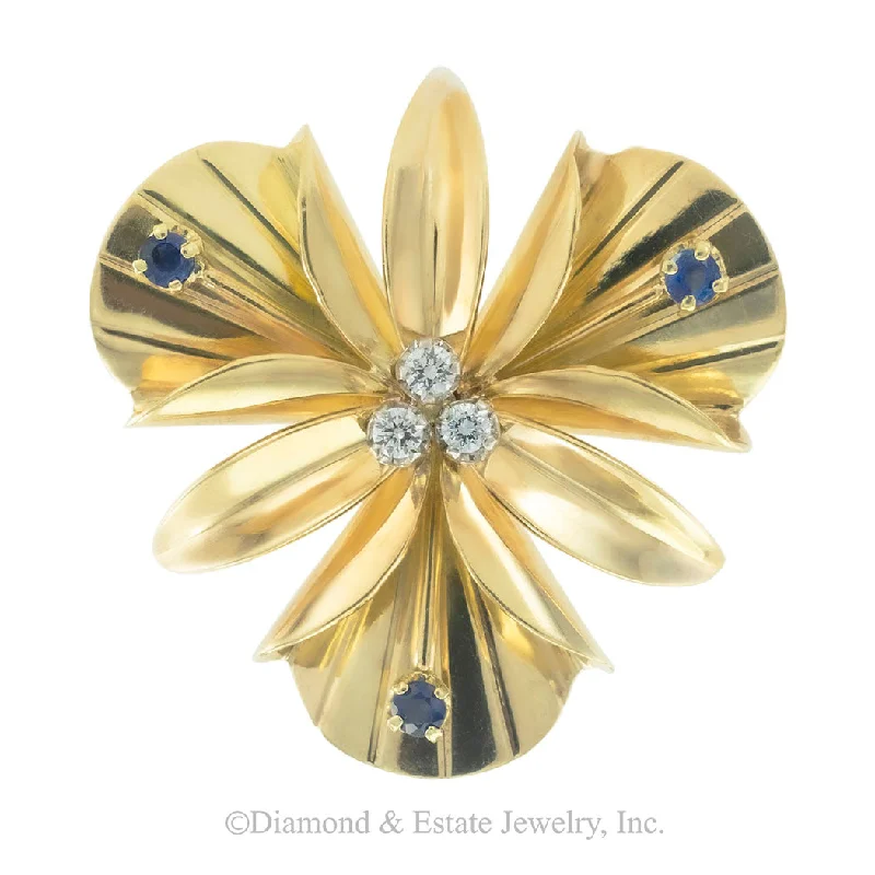 Beaded gem brooch-Tiffany & Co Diamond Sapphire Yellow Gold Orchid Brooch