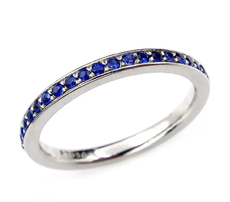 Wide band rings-Bright Blue Round Sapphire 1/2CT Eternity Platinum RING Wedding Anniversary BAND